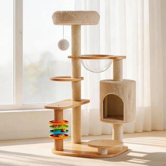 Modern Multi-Level Solid Wood Cat Tree with Space Capsule Condo