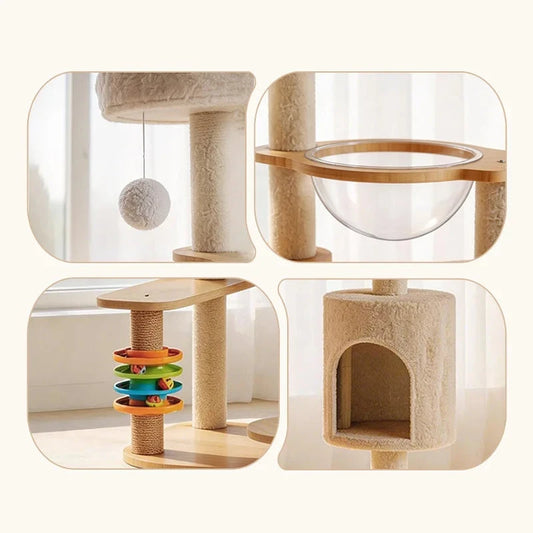 Modern Multi-Level Solid Wood Cat Tree with Space Capsule Condo